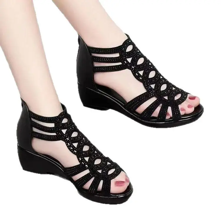Black Leather Roman Wedge Sandals for Women 2025 - Image 6
