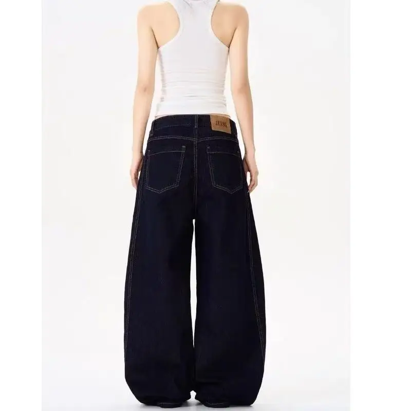 American Style Wide Leg Jeans Men Women Dark Blue