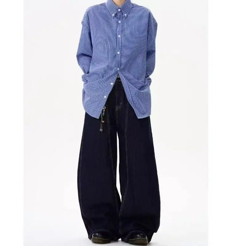 American Style Wide Leg Jeans Men Women Dark Blue