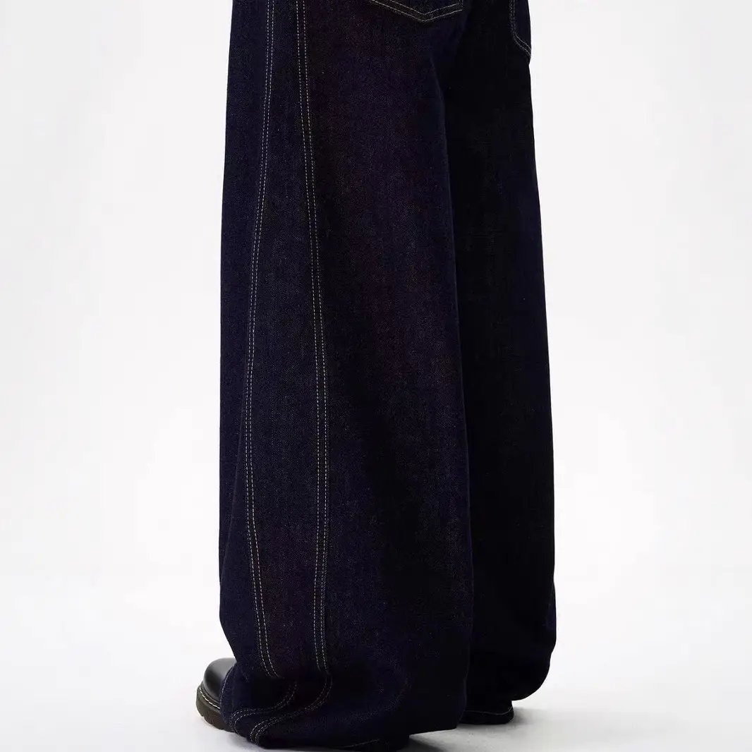 American Style Wide Leg Jeans Men Women Dark Blue