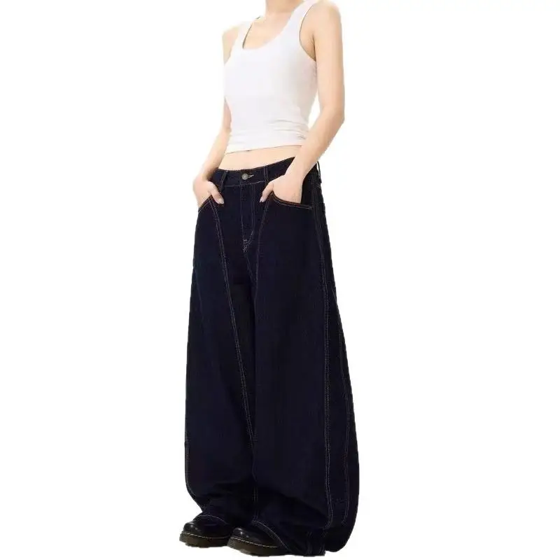 American Style Wide Leg Jeans Men Women Dark Blue