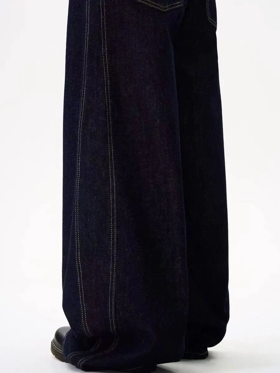American Style Wide Leg Jeans Men Women Dark Blue — feature 4