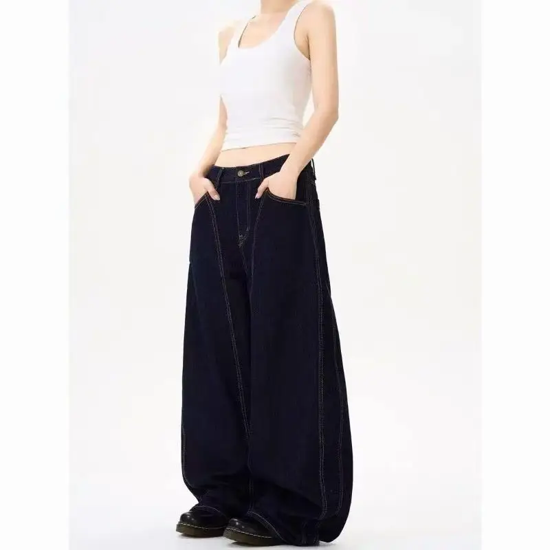 American Style Wide Leg Jeans Men Women Dark Blue — feature 5