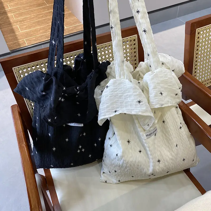 White Ruffled Canvas Tote Bag for Women - Image 4
