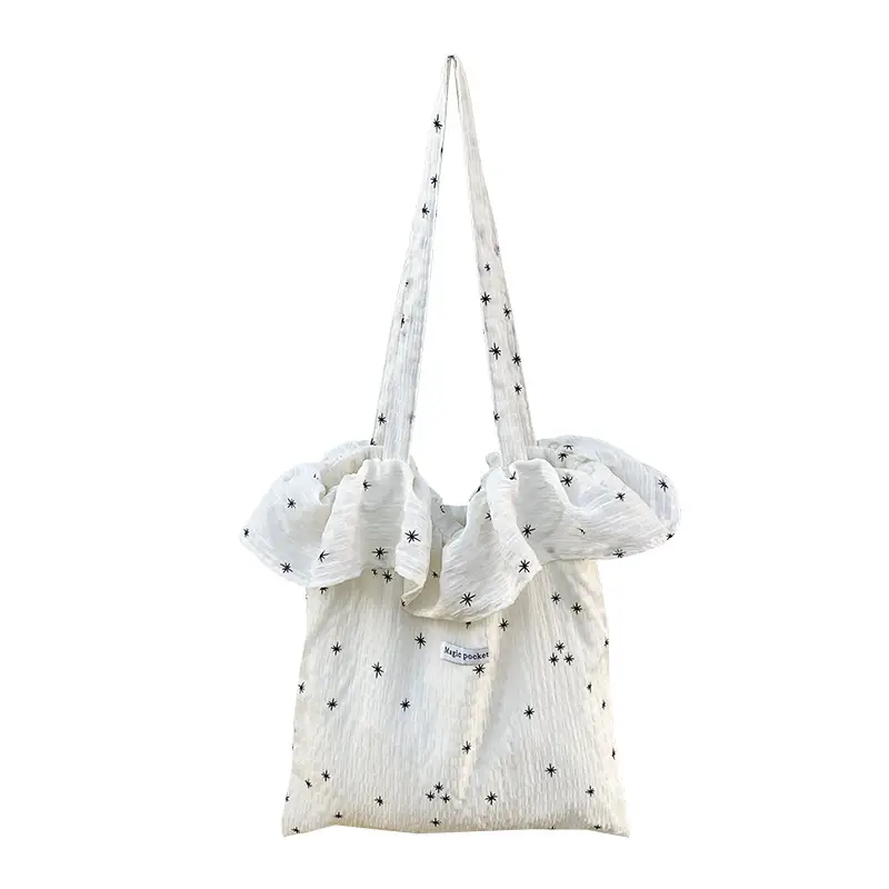 White Ruffled Canvas Tote Bag for Women - Image 7