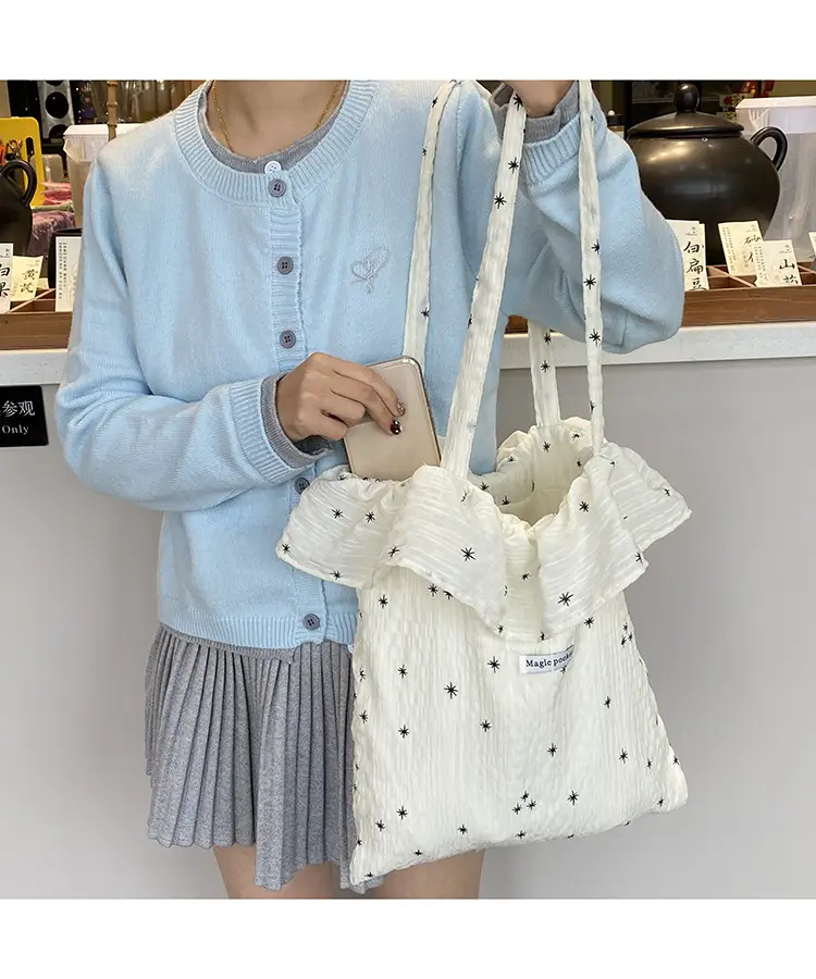 White Ruffled Canvas Tote Bag for Women — feature 10