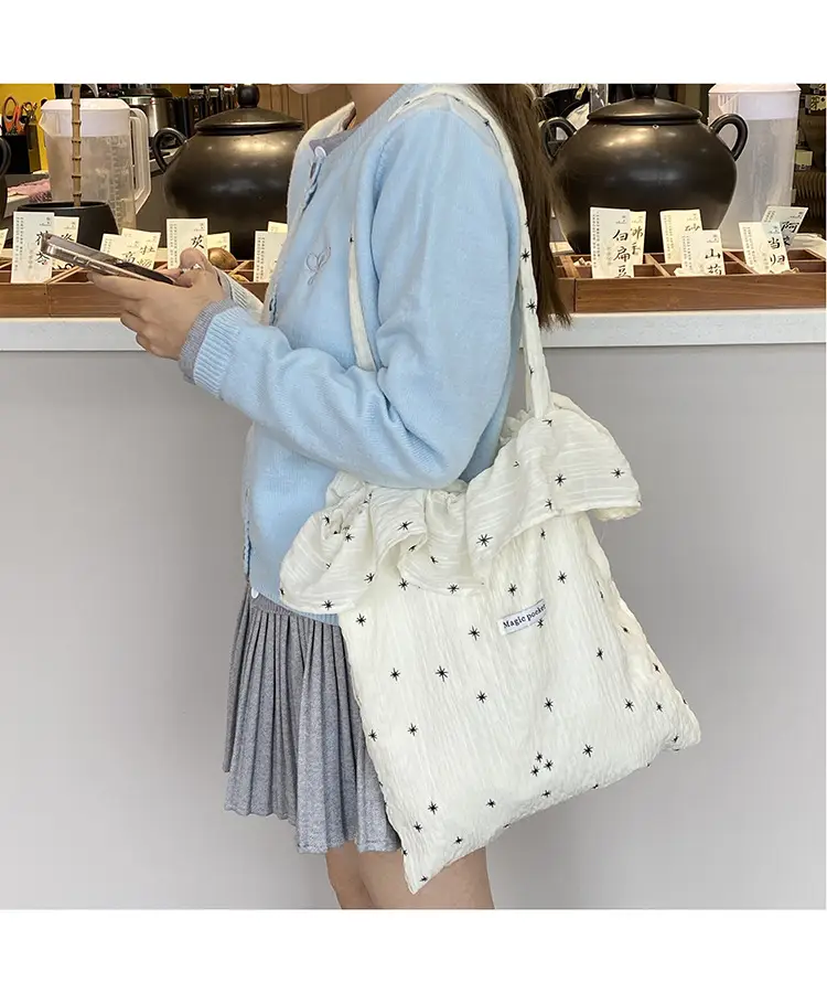 White Ruffled Canvas Tote Bag for Women — feature 8