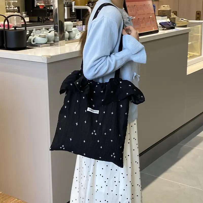 White Ruffled Canvas Tote Bag for Women - Image 2