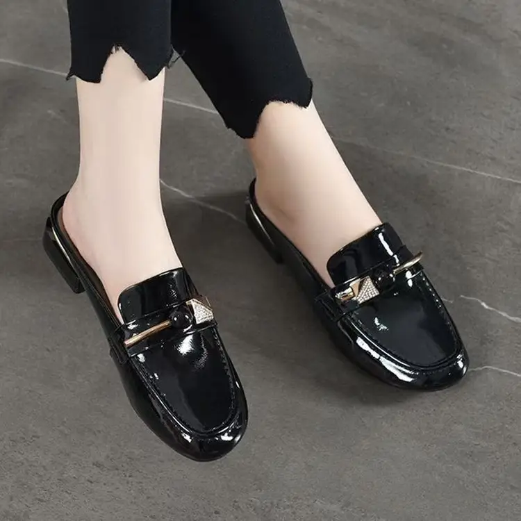 2025 Summer New Sandals and Slippers Women's Baotou One-Thread Shops for Outer Wear Mid-Heel Fashionable Rhinestone Soft Bottom All-Match Half-Slippers — feature 15