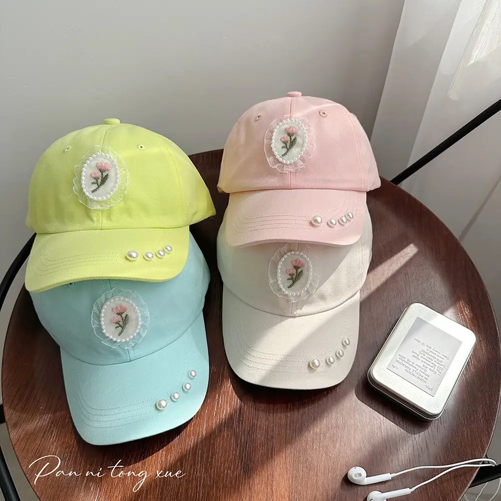 Pearl Embroidered Baseball Caps for Girls in Fresh Colors