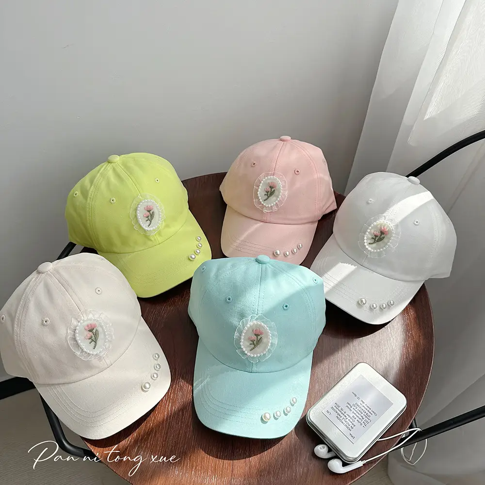 Pearl Embroidered Baseball Caps for Girls in Fresh Colors