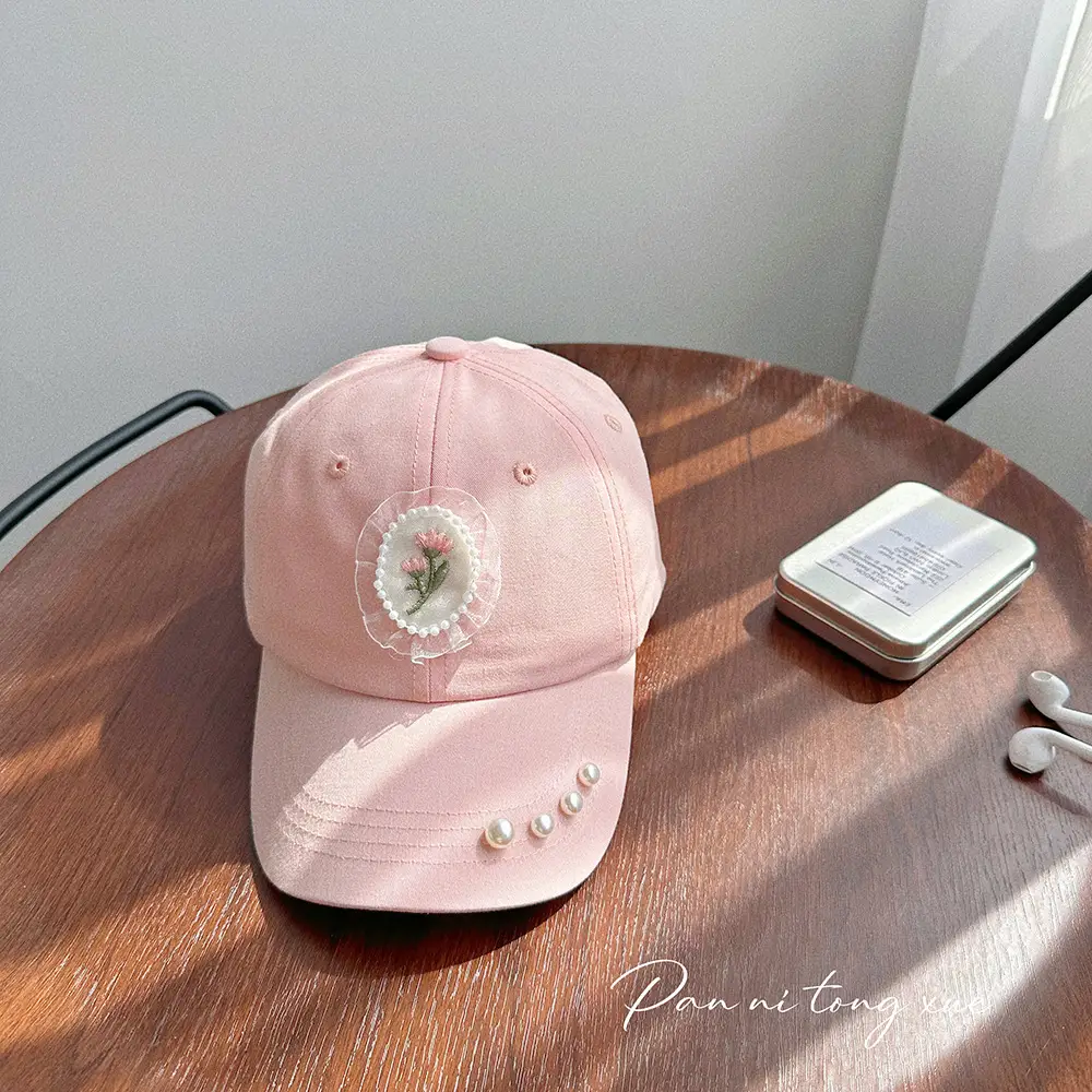 Pearl Embroidered Baseball Caps for Girls in Fresh Colors