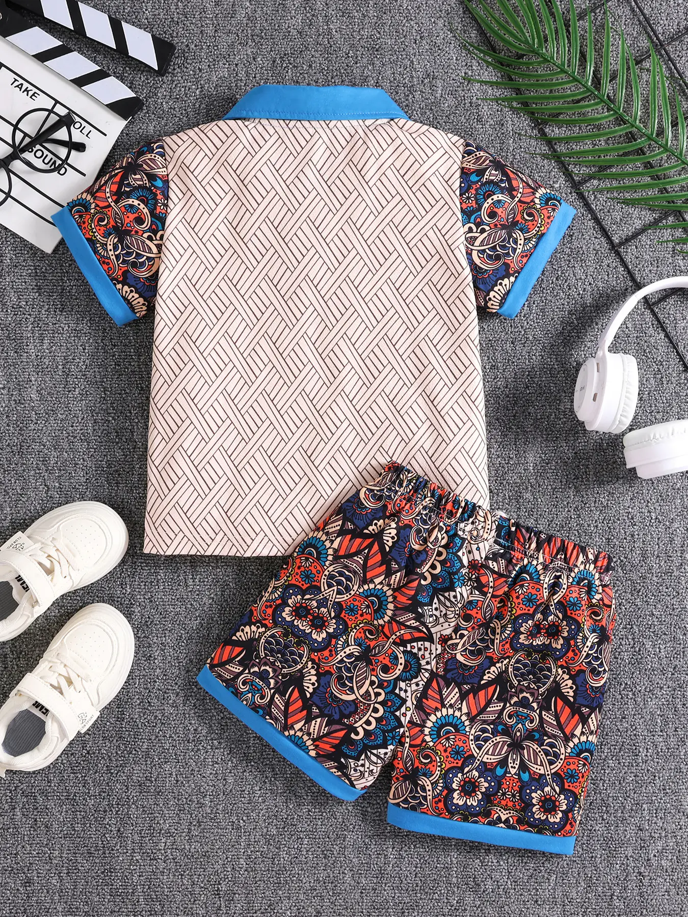 Girls Blue Button T-Shirt Shorts Set Summer Casual