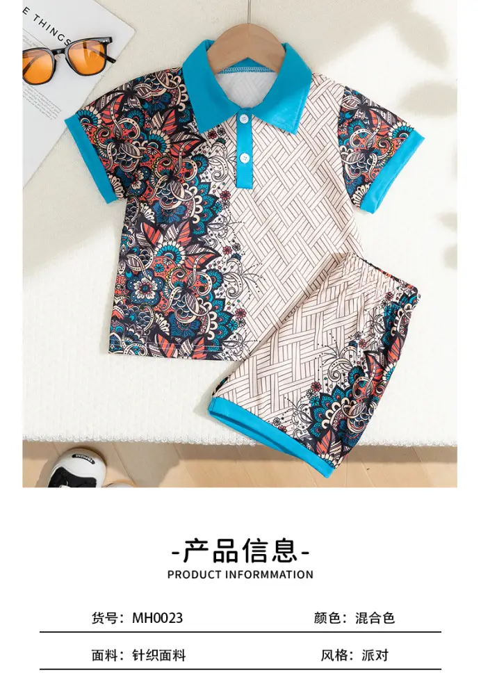 Girls Blue Button T-Shirt Shorts Set Summer Casual — feature 2