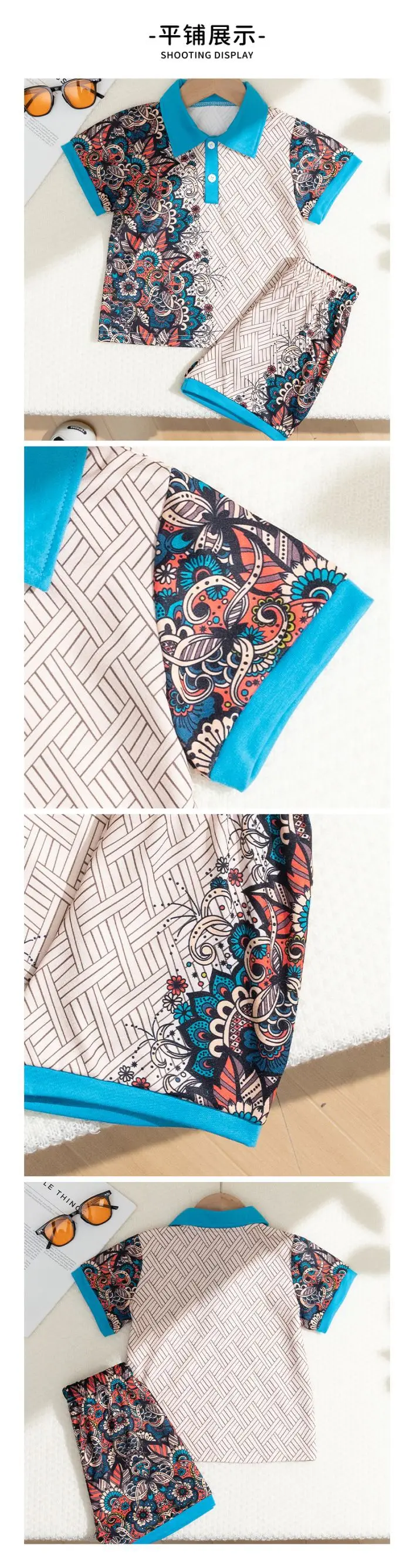 Girls Blue Button T-Shirt Shorts Set Summer Casual — feature 6