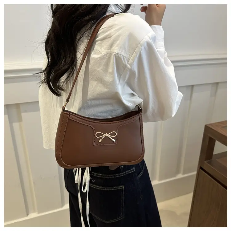 Women's Brown Leather Shoulder Bag with Bow Detail — feature 17