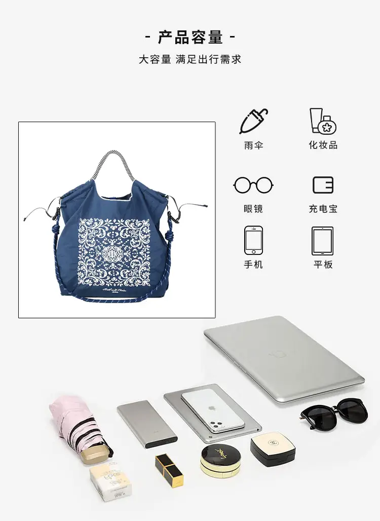 Japanese Embroidered Blue White Shoulder Bag for Women — feature 2