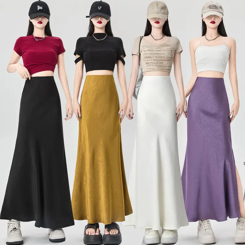 Women Acetate Satin Side Slit Skirt Dark Jacquard - Image 5