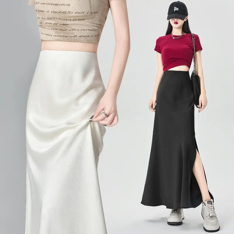 Women Acetate Satin Side Slit Skirt Dark Jacquard - Image 6