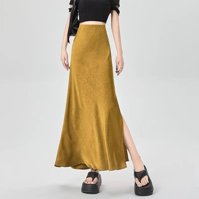 Women Acetate Satin Side Slit Skirt Dark Jacquard - Image 7