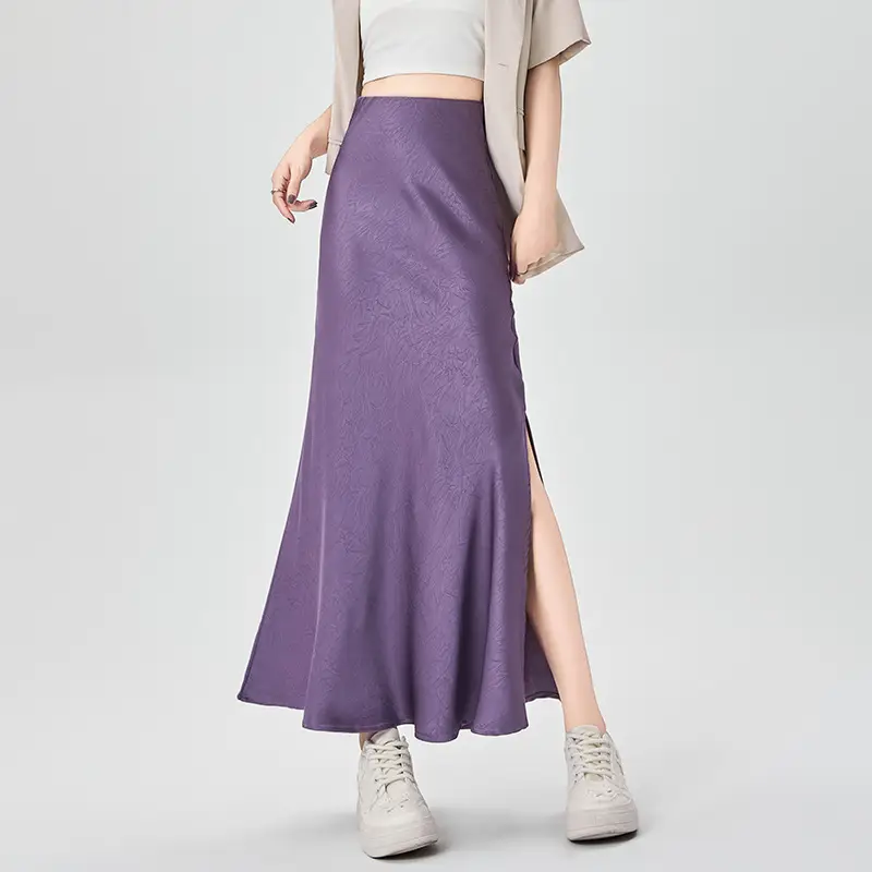 Women Acetate Satin Side Slit Skirt Dark Jacquard - Image 8