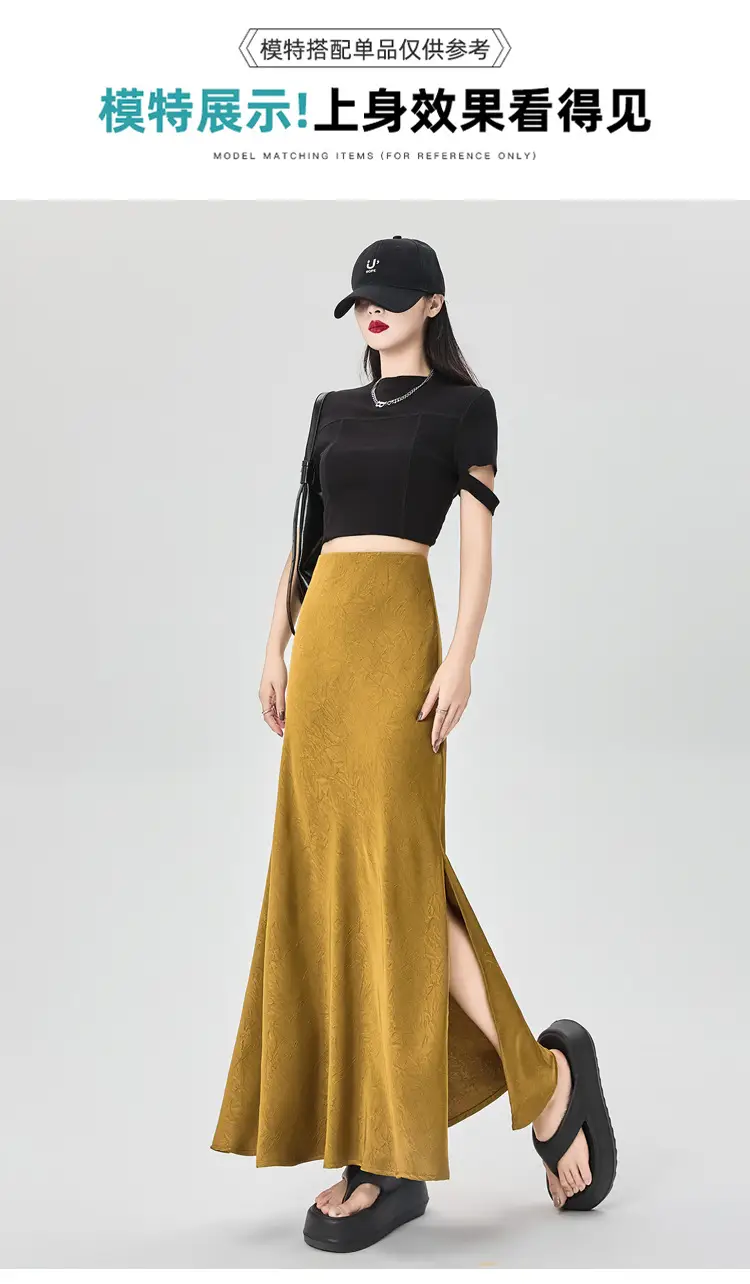 Women Acetate Satin Side Slit Skirt Dark Jacquard — feature 33
