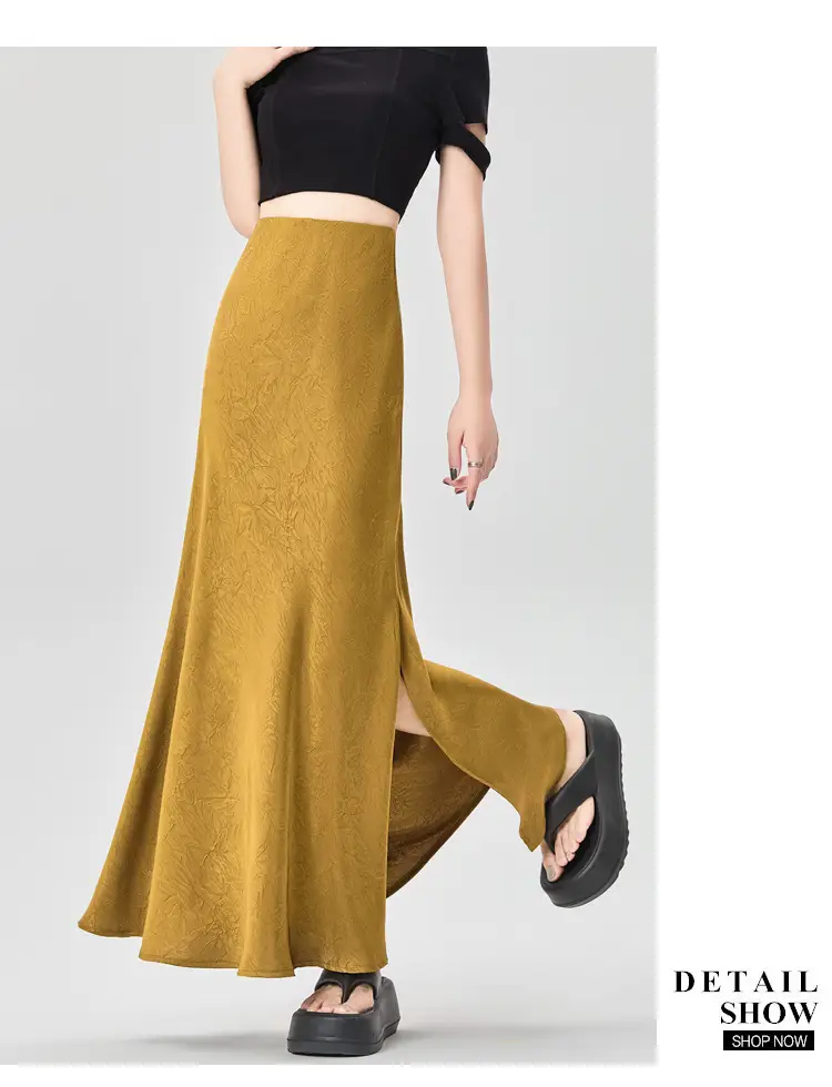 Women Acetate Satin Side Slit Skirt Dark Jacquard — feature 34