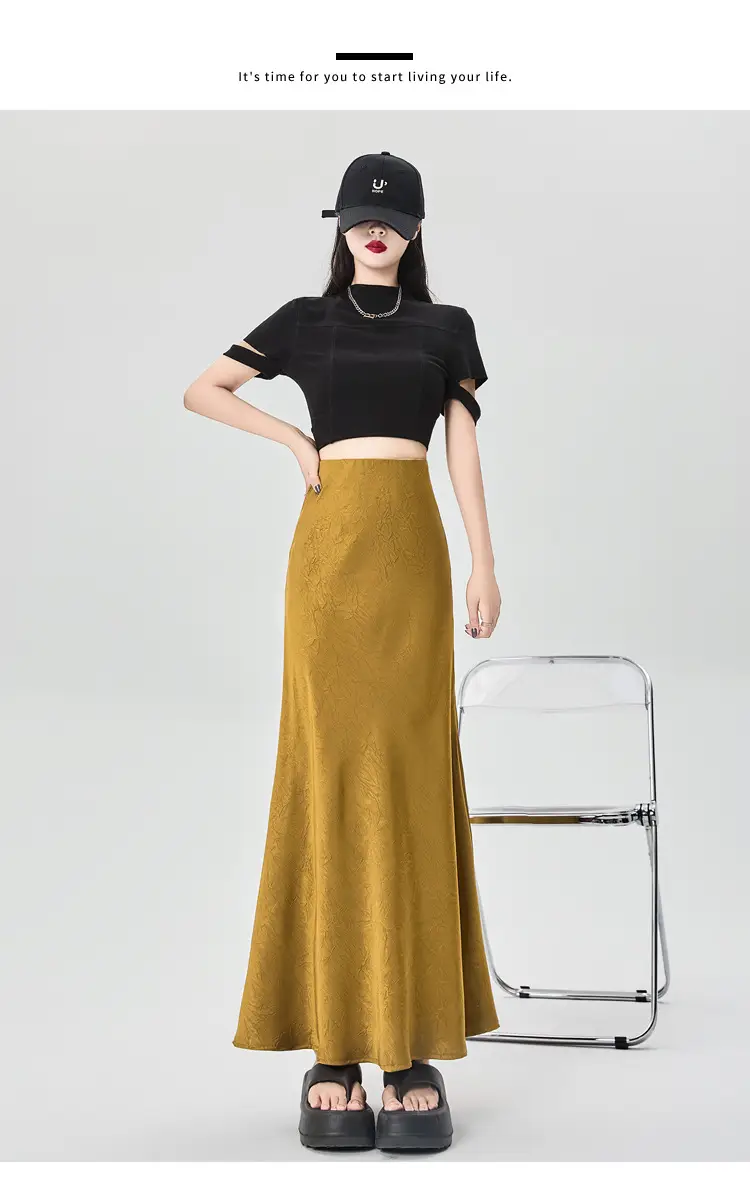 Women Acetate Satin Side Slit Skirt Dark Jacquard — feature 37