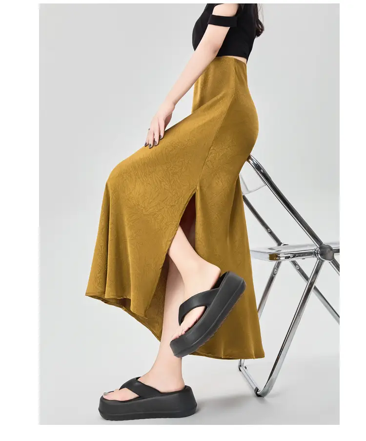 Women Acetate Satin Side Slit Skirt Dark Jacquard — feature 40
