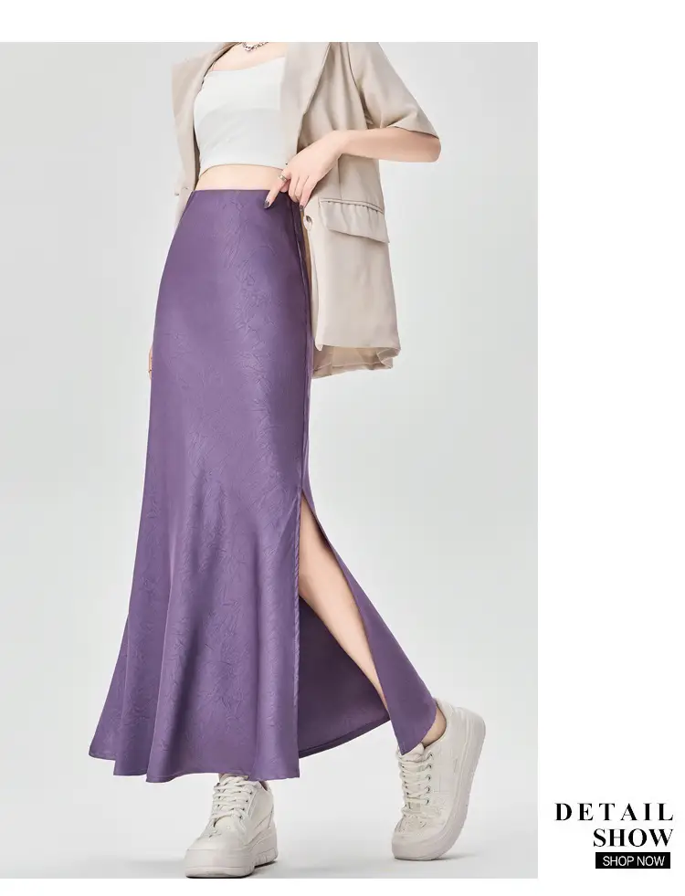 Women Acetate Satin Side Slit Skirt Dark Jacquard — feature 53