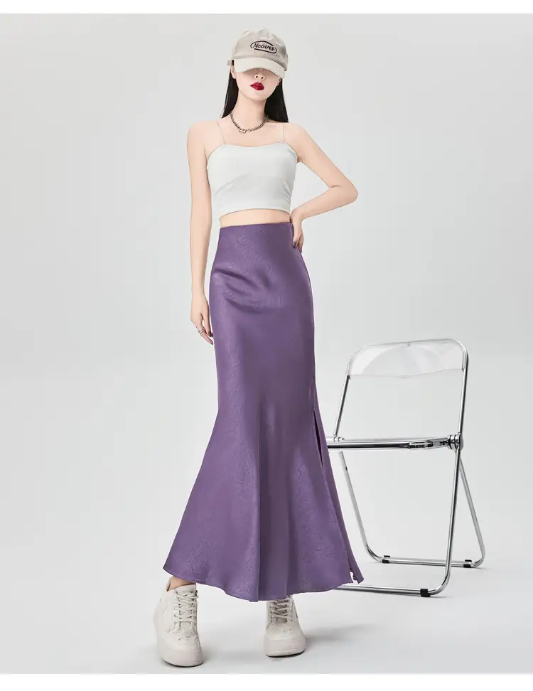 Women Acetate Satin Side Slit Skirt Dark Jacquard — feature 57
