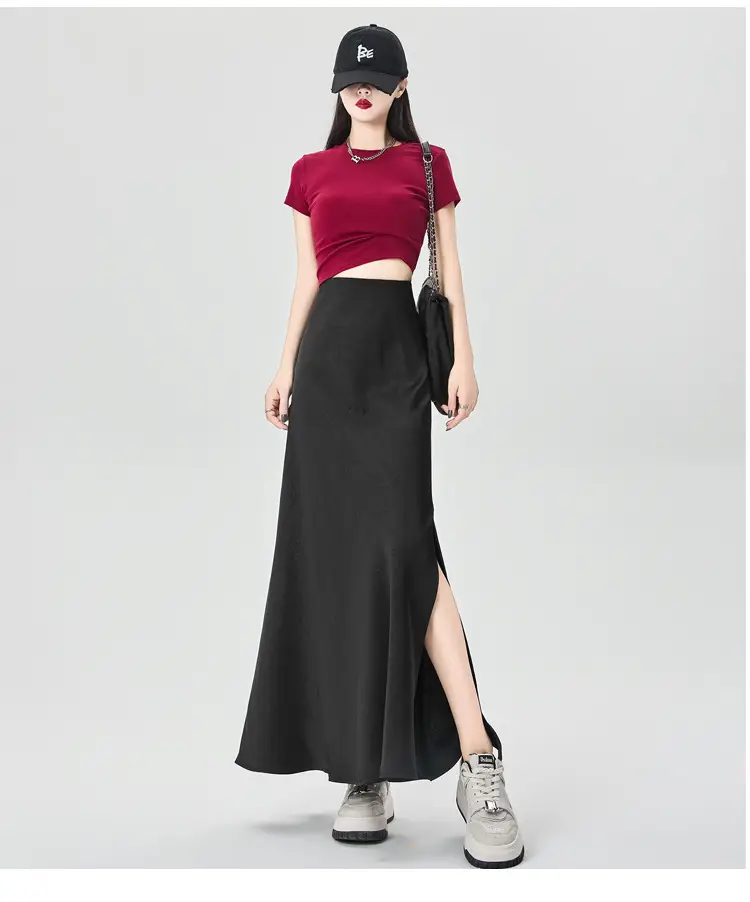 Women Acetate Satin Side Slit Skirt Dark Jacquard — feature 60