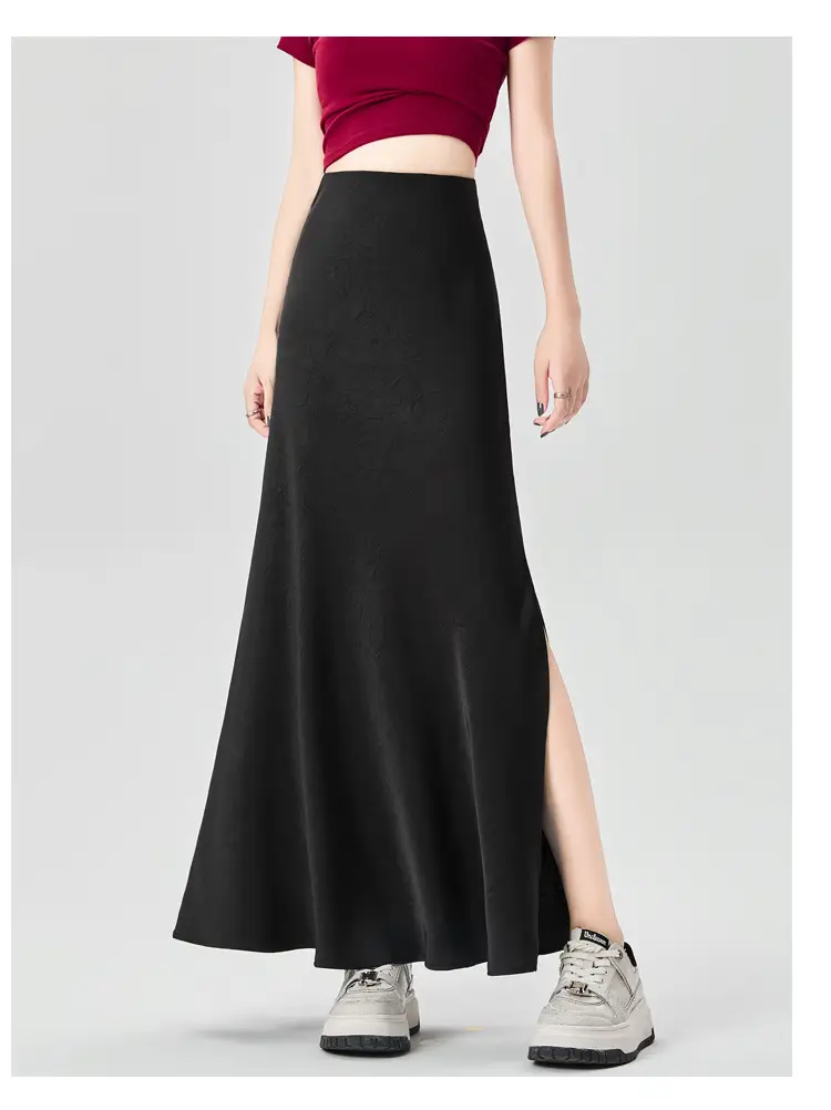 Women Acetate Satin Side Slit Skirt Dark Jacquard — feature 61