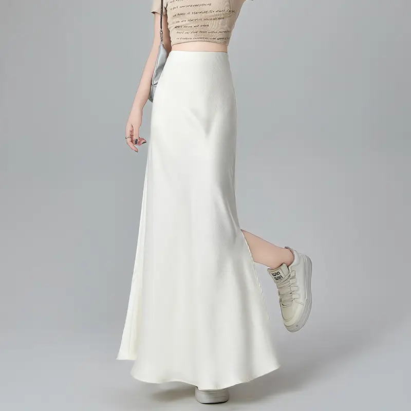 Women Acetate Satin Side Slit Skirt Dark Jacquard - Image 2