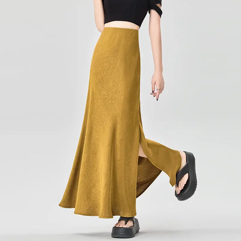 Women Acetate Satin Side Slit Skirt Dark Jacquard - Image 3