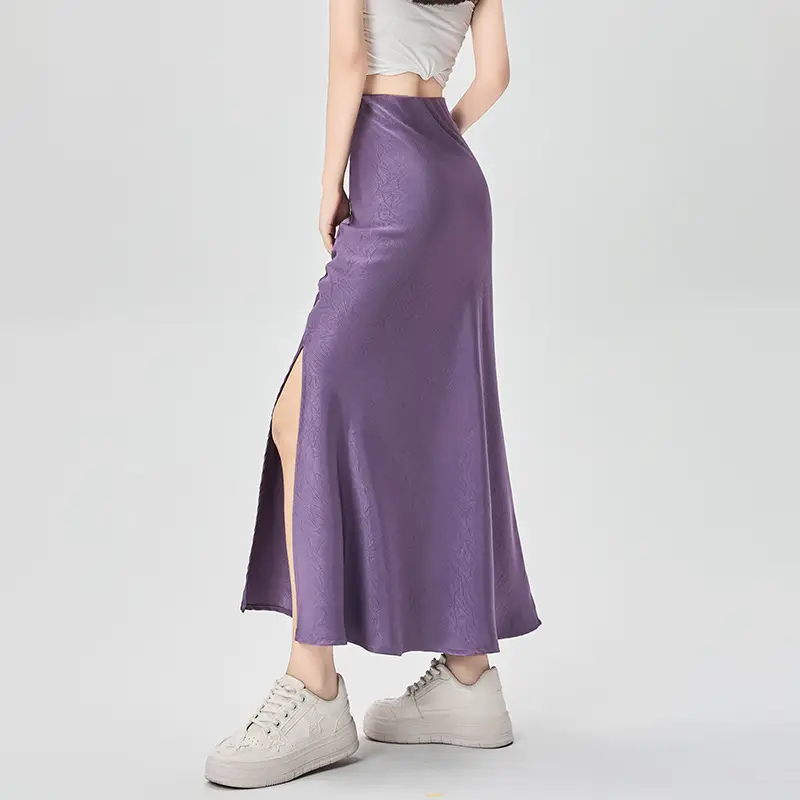 Women Acetate Satin Side Slit Skirt Dark Jacquard - Image 4