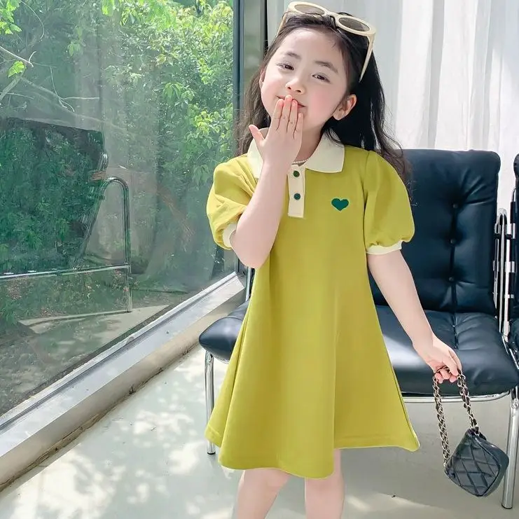 Girls summer dress western style princess skirt light solid color polo skirt women's baby sleeve skirt foreign trade children's clothing wholesale