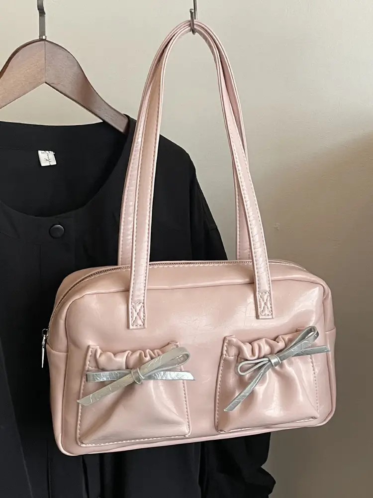 White Boston Style Shoulder Bag with Bow Detail - Image 6
