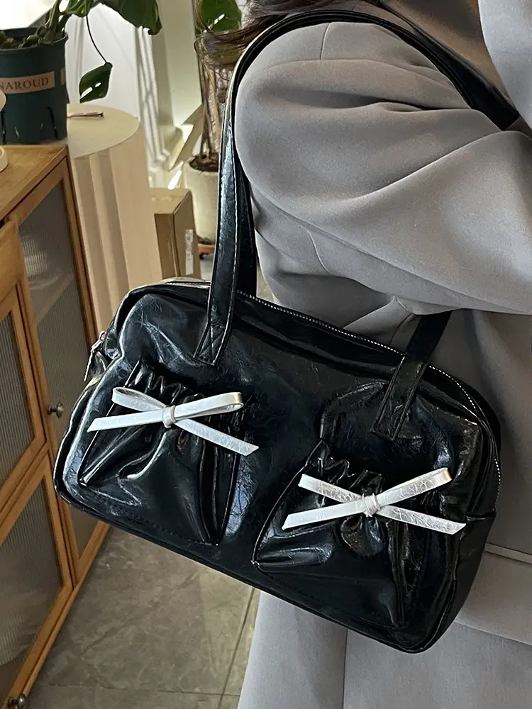 White Boston Style Shoulder Bag with Bow Detail - Image 7