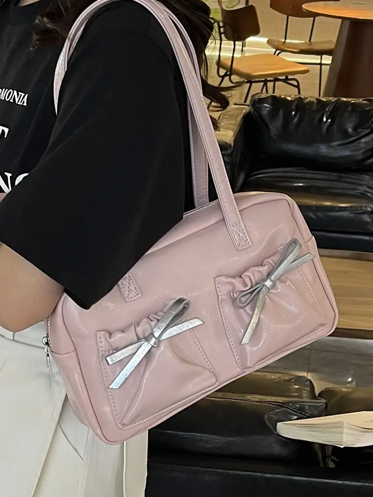 White Boston Style Shoulder Bag with Bow Detail - Image 8