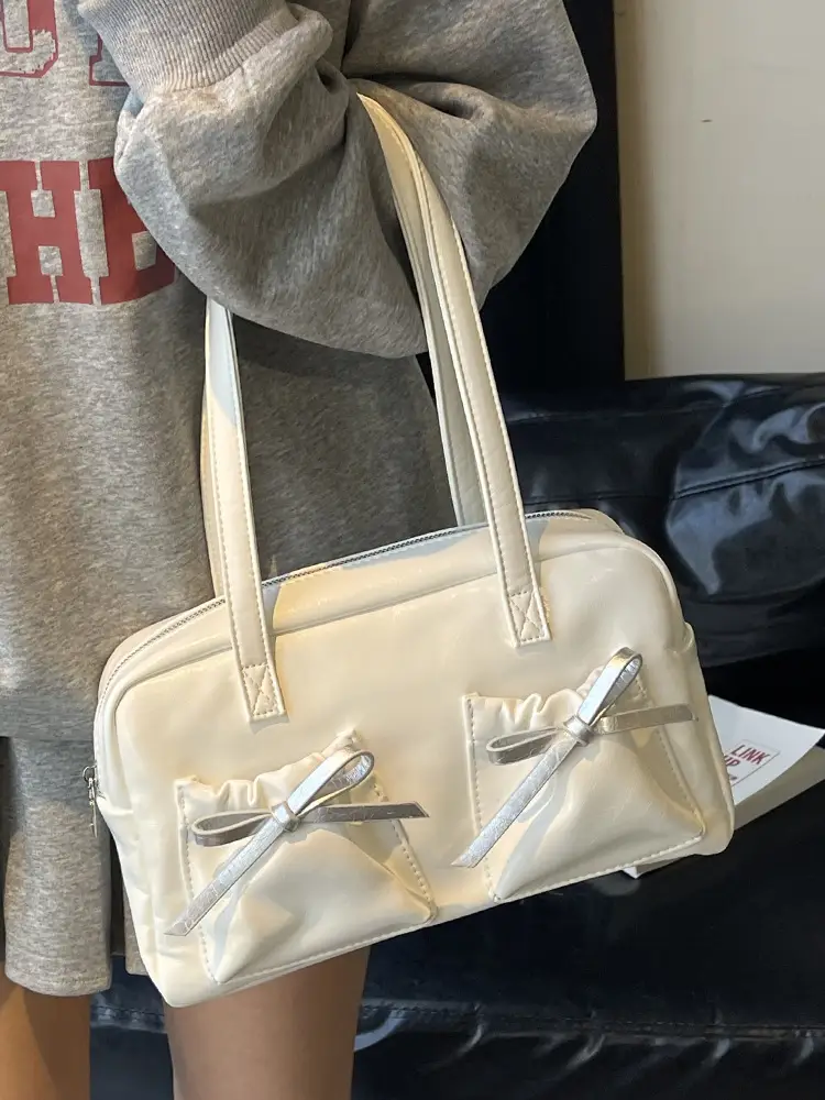 White Boston Style Shoulder Bag with Bow Detail - Image 9