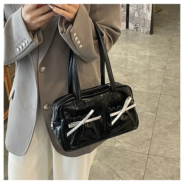White Boston Style Shoulder Bag with Bow Detail — feature 10