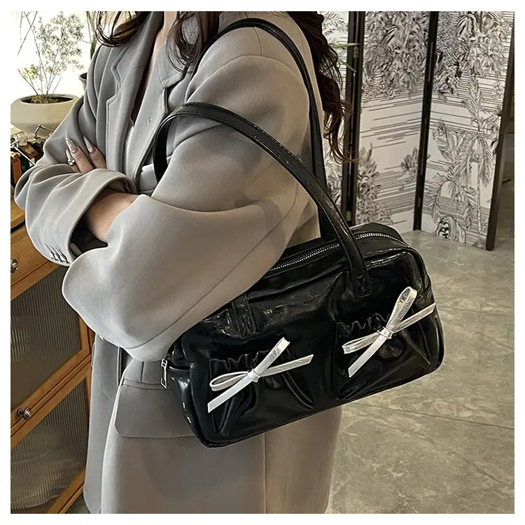 White Boston Style Shoulder Bag with Bow Detail — feature 11