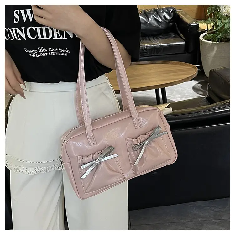 White Boston Style Shoulder Bag with Bow Detail — feature 13