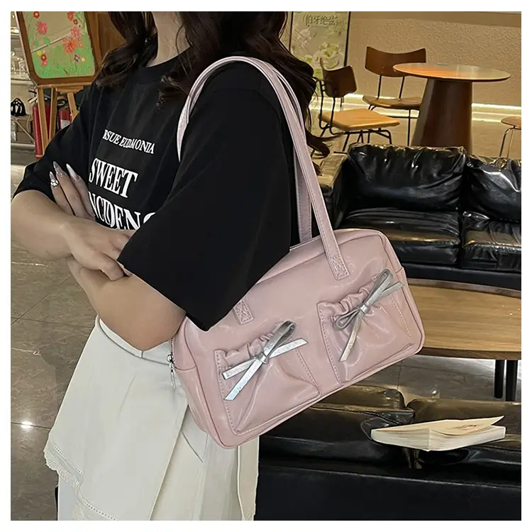 White Boston Style Shoulder Bag with Bow Detail — feature 14