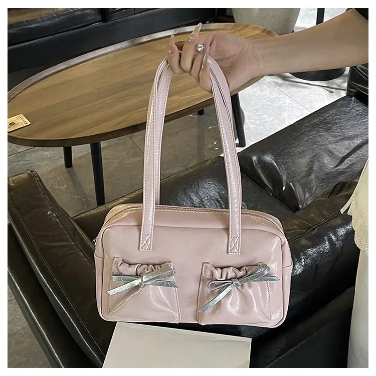 White Boston Style Shoulder Bag with Bow Detail — feature 15