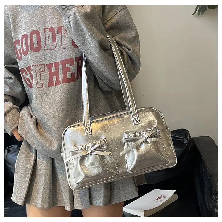 White Boston Style Shoulder Bag with Bow Detail — feature 16
