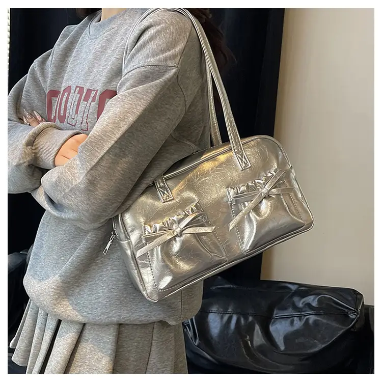 White Boston Style Shoulder Bag with Bow Detail — feature 17