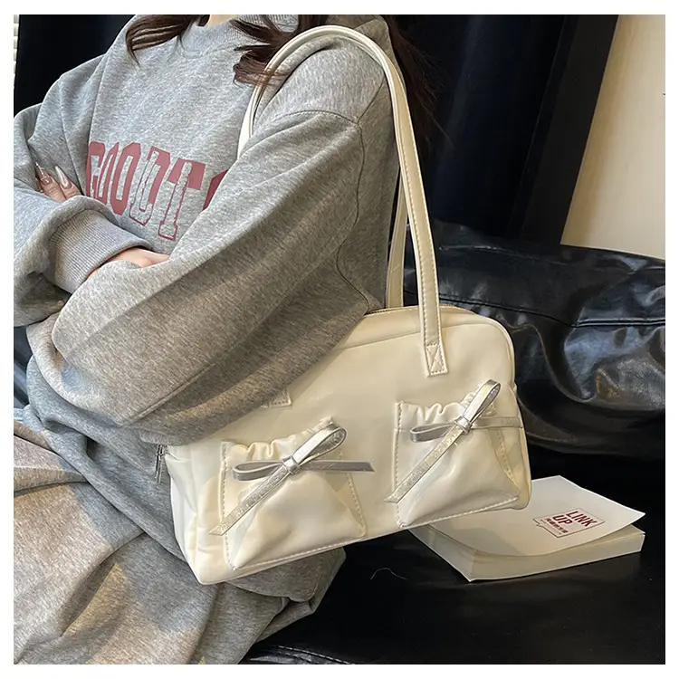 White Boston Style Shoulder Bag with Bow Detail — feature 19