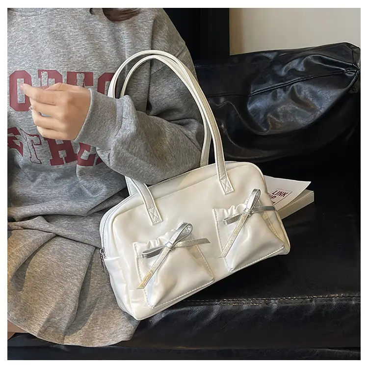 White Boston Style Shoulder Bag with Bow Detail — feature 20